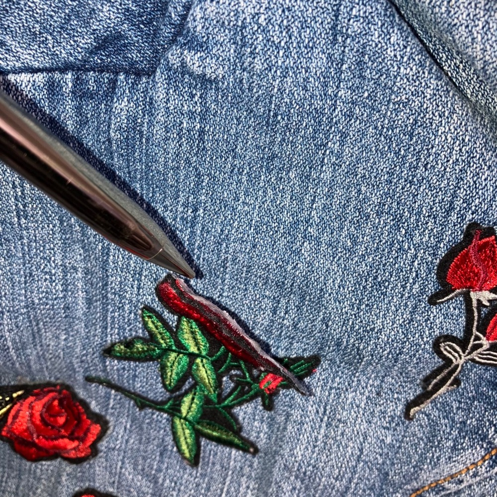 Vintage Denim Patch Jacket Women M Rose‎ Embroidered Patch Blue Jean Y2K 2000s - Picture 5 of 13